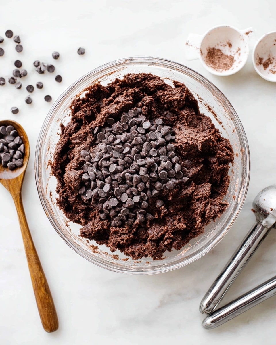 A clear glass bowl filled with thick, dark brown chocolate dough mixed with many small, dark chocolate chips resting mostly on the surface in the center. The dough has a rough, chunky texture and fills half of the bowl. A wooden spoon lies flat on the white marbled surface to the left, while to the right, two silver beaters covered with bits of dough and some white measuring spoons sit scattered. The bright white marbled surface and soft lighting give a clean and fresh feel. photo taken with an iphone --ar 4:5 --v 7