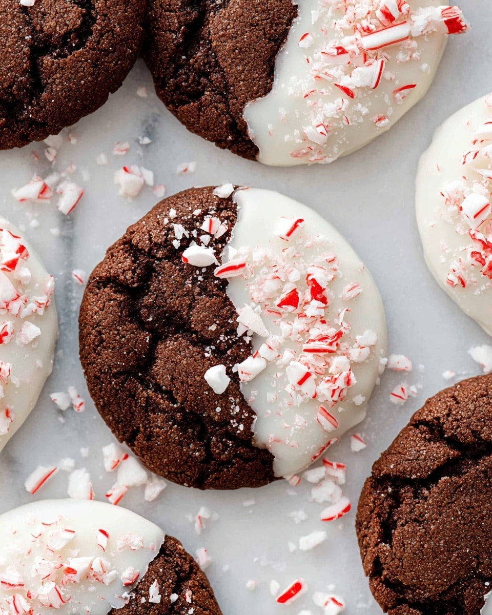 The image shows several round chocolate cookies, each partially dipped in a smooth white coating that covers about half of their surface. The dipped half is sprinkled with small, crushed pieces of red and white peppermint candy, adding texture and color contrast. The cookies have a cracked, slightly rough texture on the chocolate side, while the white coating is glossy and smooth. They are arranged closely on a white marbled surface with extra peppermint pieces scattered around, creating a festive and inviting look. Photo taken with an iphone --ar 4:5 --v 7