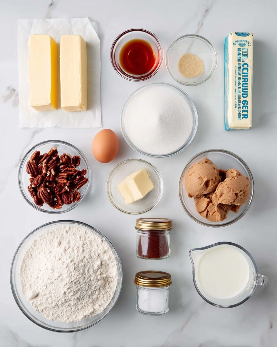 A white marbled surface holds an organized display of baking ingredients, including two sticks of pale yellow butter on a paper on the top left, a small bowl of dark amber liquid next to it, a small glass bowl with light tan yeast, and a clear bowl of white granulated sugar in the top row. Below these, a small bowl holds a brown egg, another bowl filled with dark brown pecan halves, and beside it a bowl with light brown soft dough. To the right are a stick of salted butter with blue text, two glass jars labeled cinnamon and salt with golden lids. At the bottom left, a large bowl is filled with white flour, next to it a small clear jug of light cream and a larger clear measuring jug containing more cream. The items are spaced neatly and evenly, all on a clean white marbled background. Photo taken with an iphone --ar 4:5 --v 7