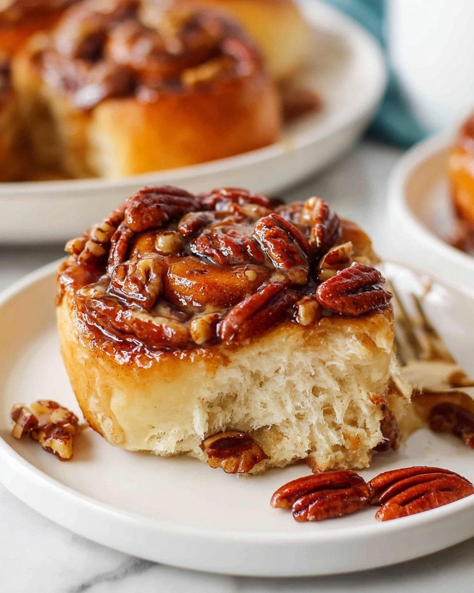 A close-up view of a single cinnamon roll on a white plate, topped thickly with whole glazed pecans that have a shiny, sticky texture. The cinnamon roll has a soft, light golden-brown dough with a visible spiraled layer of cinnamon filling inside. Some pecans are fallen next to the roll on the plate. The background is a white marbled surface with more cinnamon rolls blurred in the distance, one of which also sits on a white plate. Photo taken with an iphone --ar 4:5 --v 7