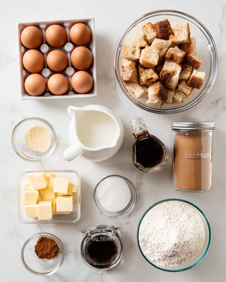 The image shows a white marbled surface with cooking ingredients neatly arranged. On the right side, there is a clear glass bowl filled with small pieces of white and brown bread. Above it, there is a large jar of brown sugar. Below the jar, a small glass pitcher holds a white liquid, likely milk. To the left of the pitcher, six brown eggs rest in a white tray. Near the eggs, there is a small glass jar of dark vanilla extract and a small glass container with a few cubes of yellow butter. Above the butter, a small glass bowl contains white flour. Next to the flour, a glass jar labeled