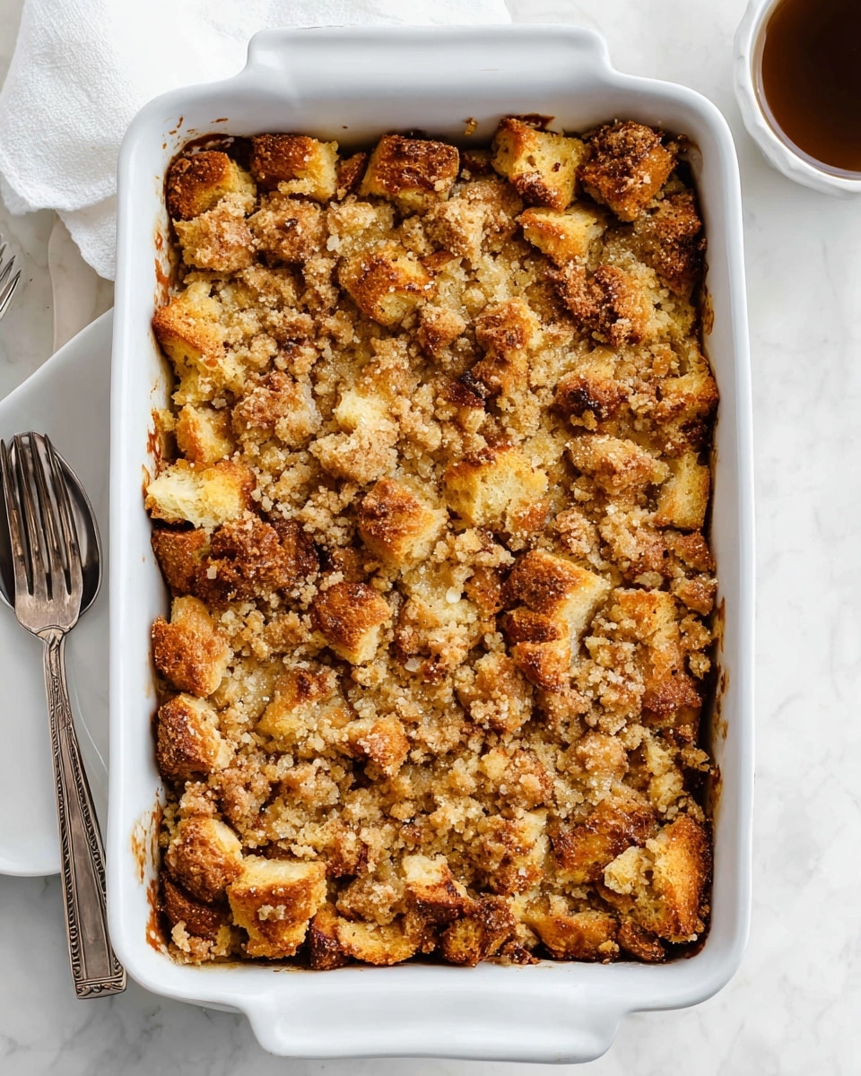 A white rectangular ceramic dish holds a baked dessert with a crumbly golden brown top layer made of larger and smaller clusters, scattered unevenly across the surface. Beneath this topping, chunks of soft bread pieces in light golden and toasted brown shades peek through, showing a slightly soft and moist texture. The dish is placed on a white marbled surface, accompanied by a white plate with a silver fork in the corner, and part of a cup with dark coffee is visible on the side. The overall texture contrasts between the crunchy top and soft bread inside, viewed from above, photo taken with an iphone --ar 4:5 --v 7