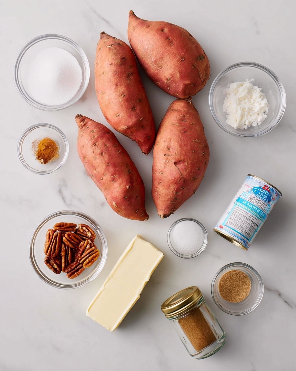The image shows five whole sweet potatoes with red-orange skin arranged in a loose cluster on a white marbled surface. Around them are small glass bowls filled with white sugar, pecan halves, and brown sugar, along with a small bottle of vanilla extract. There is a stick of salted butter in a pale yellow wrapper, a can of evaporated milk with a blue and white label, and two glass jars with gold lids containing cinnamon and salt. All the items are neatly spaced, creating a clean and simple layout. photo taken with an iphone --ar 4:5 --v 7