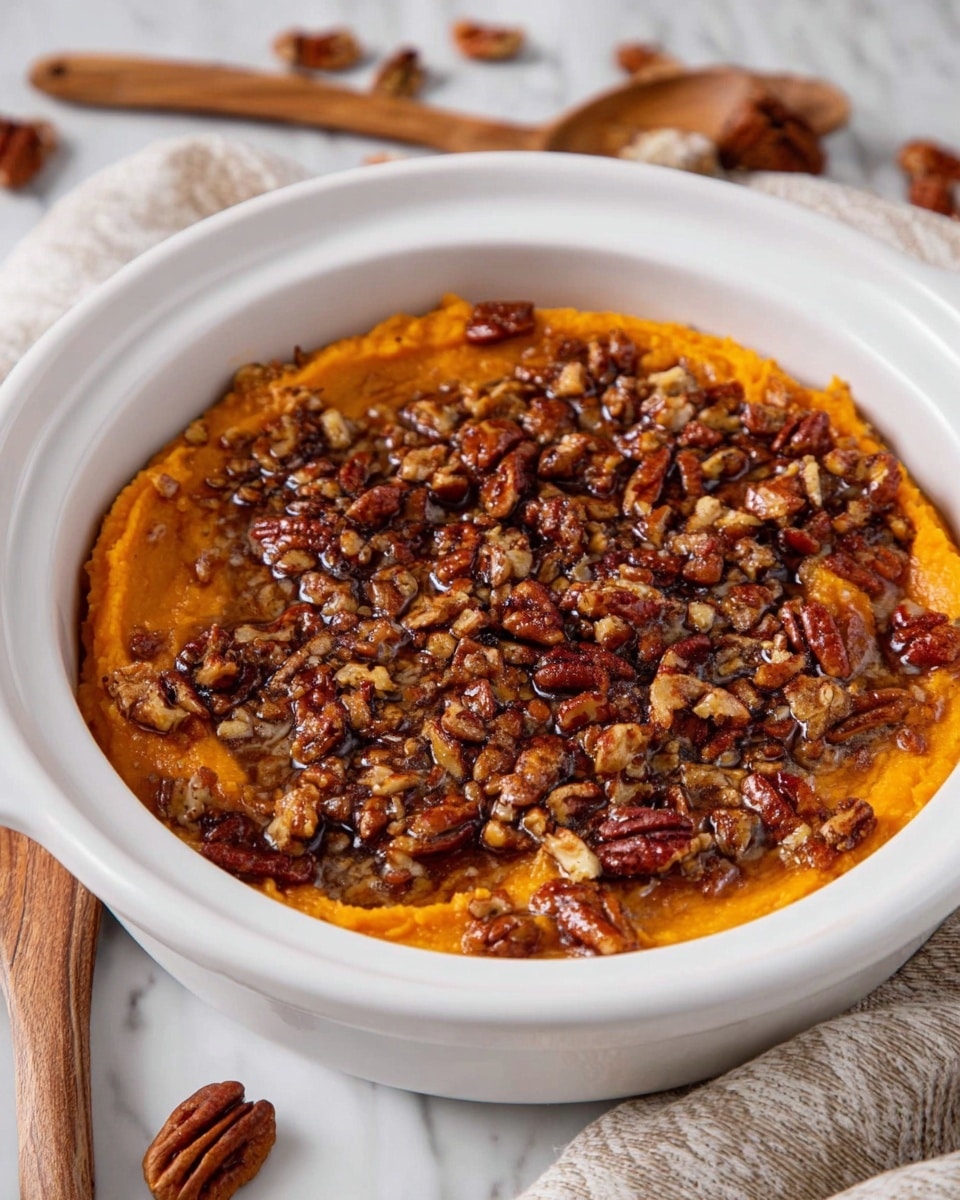 The image shows a white round ceramic dish filled with two visible layers. The bottom layer is mashed sweet potatoes with a smooth and creamy orange texture spreading across the dish. The top layer is a chunky topping of dark brown caramel sauce mixed with rough pieces of pecans scattered evenly, giving a crunchy texture and rich color contrast. The dish sits on a white marbled surface with some loose pecans and wooden utensils nearby. Photo taken with an iphone --ar 4:5 --v 7