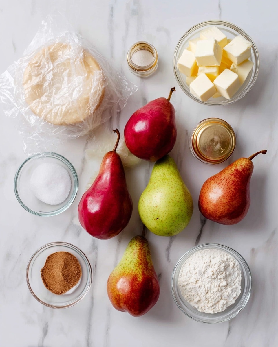 The image shows ingredients laid out on a white marbled surface. There are six pears in the center, with four red pears and two green pears mixed together, all with smooth, shiny skin and short brown stems. Around the pears are several small clear glass bowls: one with light yellow cubes of butter, one with light brown sugar, and one with white flour with a slightly rough texture. Two small clear glass jars with gold lids hold cinnamon powder and salt, each labeled clearly. On the left side, there is a wrapped white pie crust with visible bits of white fat inside. The scene is bright and evenly lit, making colors and textures stand out clearly photo taken with an iphone --ar 4:5 --v 7