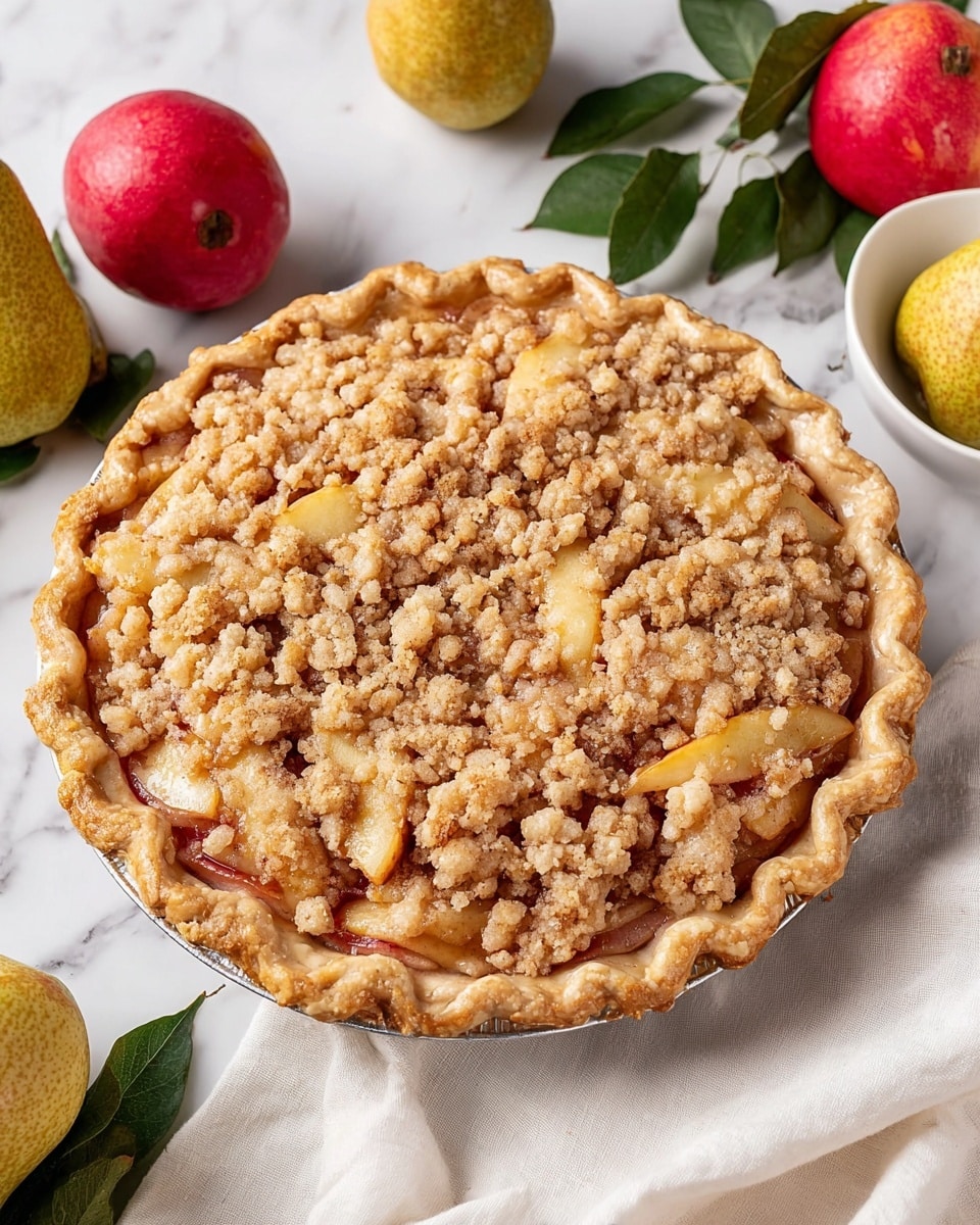 A round pie with a thick, golden-brown crust forming a wavy edge around the top, filled with thin layers of cooked fruit slices in light yellow and red tones, covered by a crumbly topping with small, uneven clumps in light tan color spread over the fruit layer. The pie sits on a white marbled surface surrounded by red and yellow pears, green leaves, a white cloth, and a white bowl with a slightly raised, curved edge. photo taken with an iphone --ar 4:5 --v 7