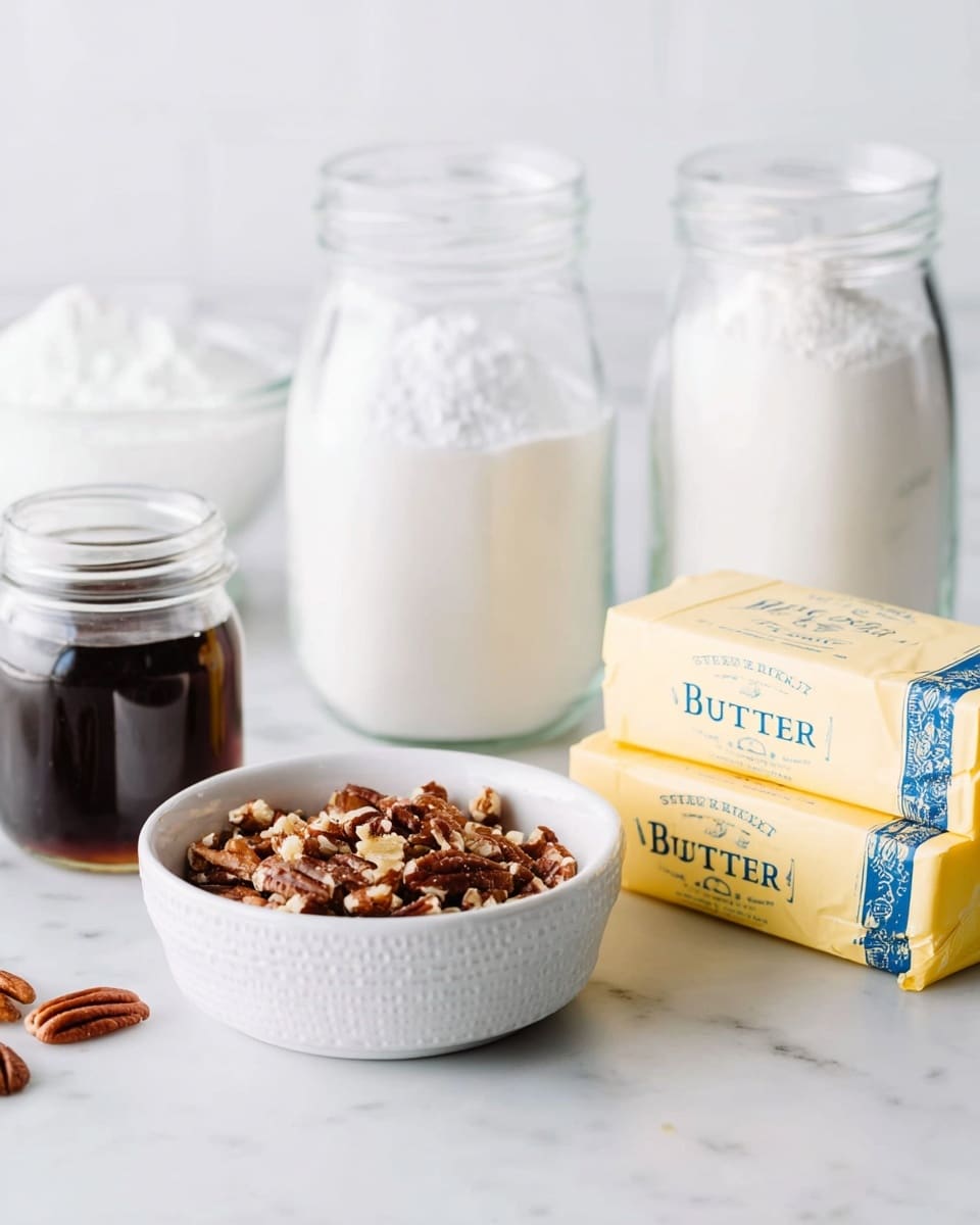 In the image, there are two clear glass jars filled with white powder placed in the back on a white marbled surface. In front of them, a small glass jar filled with dark brown liquid sits to the left. In the center, a white bowl with a textured surface is full of chopped brown nuts. To the right, two sticks of salted butter with yellow wrappers and blue text are stacked one on top of the other. The background is white with a softly lit, clean setting photo taken with an iphone --ar 4:5 --v 7