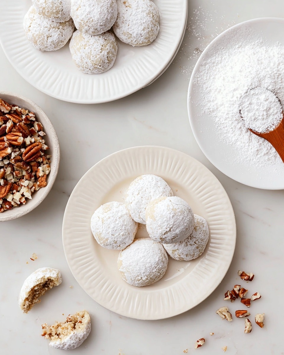 The image shows round cookies covered in white powdered sugar placed on two white plates with a ridged edge, set on a white marbled surface. One plate is at the center bottom with seven cookies stacked loosely, and another plate is in the top left corner filled with cookies. A large white plate in the top right corner contains powdered sugar with a wooden spoon dusting a single cookie. At the bottom left, a bowl filled with chopped pecans rests beside some pecan pieces scattered on the surface. A few broken cookies reveal a light brown interior filled with chopped nuts. Photo taken with an iphone --ar 4:5 --v 7