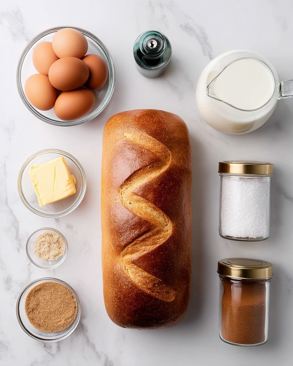A loaf of golden brown bread with three diagonal cuts on top sits in the center on a white marbled surface. Surrounding the bread are seven items: in the upper left corner, a small clear glass bowl holds four brown eggs; below it, a small clear glass bowl contains a few pats of light yellow butter; to the lower left, a small clear glass bowl is filled with light brown sugar. Above the bread, a small dark bottle stands, and in the upper right corner, a clear glass measuring cup holds white milk. To the right of the bread, two clear jars with gold lids stand side by side, one labeled salt with white contents, and the other labeled cinnamon with brown contents. Photo taken with an iphone --ar 4:5 --v 7