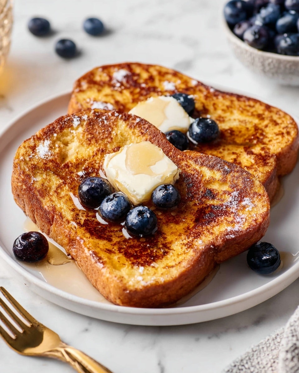Two thick slices of golden-brown French toast with a slightly crispy texture are placed on a white plate. The top slice has a dollop of creamy butter melting in the center, surrounded by several shiny dark blueberries. Both slices have a light drizzle of syrup giving a glossy look. The plate is set on a white marbled surface, with a small bowl of fresh blueberries and a gold fork nearby. Photo taken with an iphone --ar 4:5 --v 7