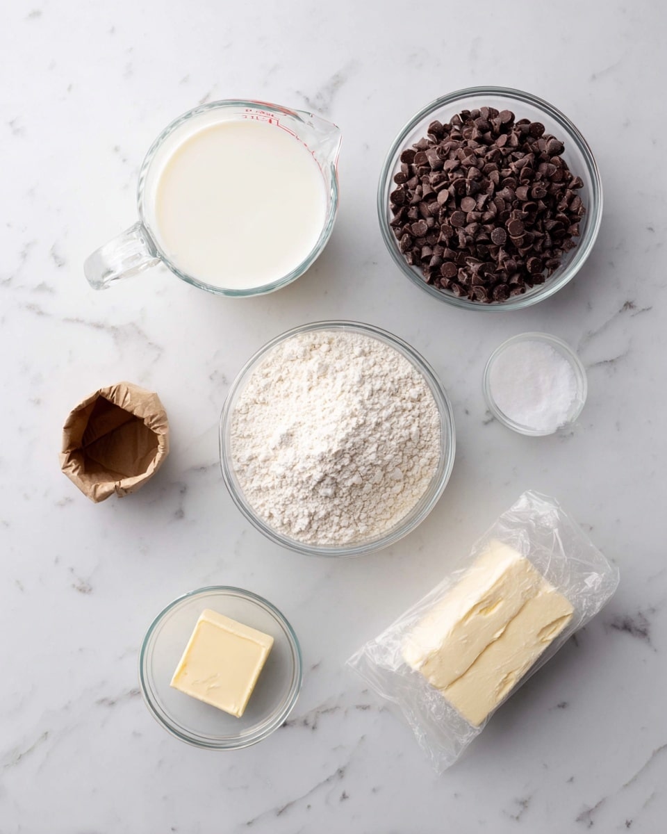 A top view of six pieces of ingredients on a white marbled surface arranged in a loose circle. At the top left is a clear glass measuring cup with white milk, the top right has a clear glass bowl filled with small dark brown chocolate chips. Center right shows a clear plastic bag full of white flour, bottom center has a small brown paper container with some white powder. Bottom left features a smaller clear glass measuring cup holding a white creamy liquid and next to it center left is a small clear glass bowl with a small square of pale yellow butter. photo taken with an iphone --ar 4:5 --v 7