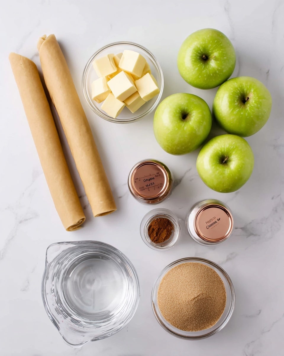 The image shows ingredients for a recipe neatly arranged on a white marbled surface. There are two rolled sheets of light tan dough placed side by side on the left. Above them is a small clear bowl with multiple cubes of pale yellow butter. In the center, three green apples are grouped together, showing smooth, shiny skins. To the right are two small glass jars with copper-colored lids, labeled cinnamon and nutmeg, both containing brown powders. Below the apples is a clear glass measuring cup filled with clear water. Finally, at the bottom right, there is a clear bowl full of light brown sugar with a small scoop in it. photo taken with an iphone --ar 4:5 --v 7