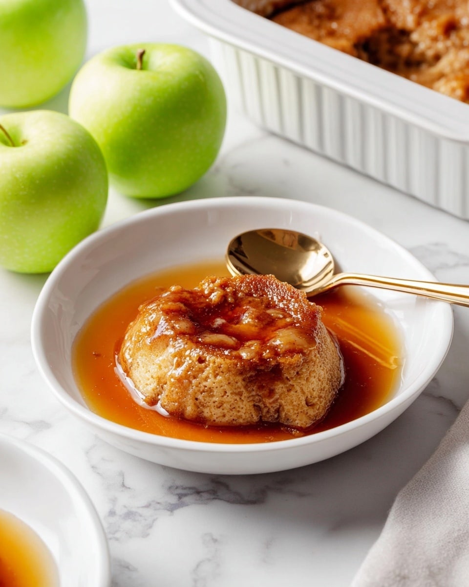 A single round warm dessert sits in the center of a white bowl, with a soft textured light brown inner layer that is partially covered by a shiny amber syrup pooling around the edges. A gold spoon rests on the bowl's edge, partially submerged in the syrup, and two green apples are placed nearby on a white marbled surface. In the background, there is a white baking dish with more of the dessert visible inside it. photo taken with an iphone --ar 4:5 --v 7