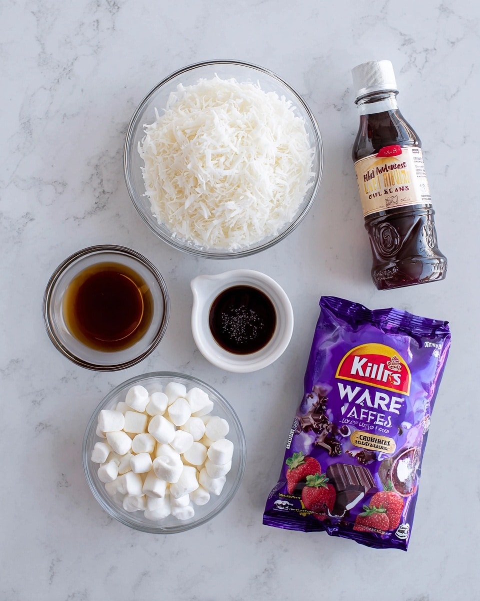 A white marbled background holds five ingredients arranged neatly: at the top left is a clear bowl filled with shredded white coconut, below it to the left is a small clear round bowl with dark amber liquid vanilla extract. To the right of the coconut bowl is a white 1/2 cup measuring cup filled with mini white marshmallows. To the right of the marshmallows is a bottle of light corn syrup with a red and yellow label and a silver cap. On the far right is a shiny purple bag of milk chocolate flavored melting wafers with images of chocolate and strawberries on it. Photo taken with an iphone --ar 4:5 --v 7