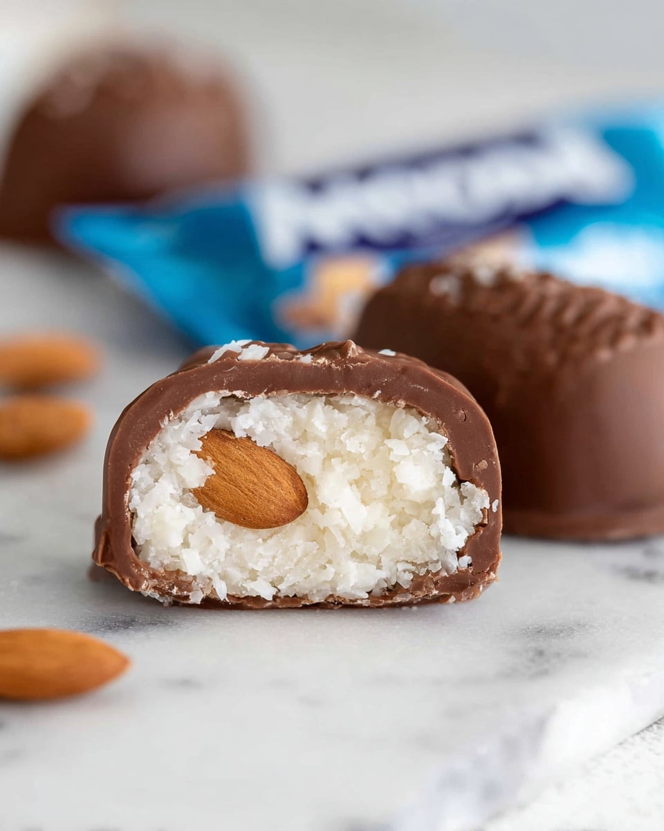 The image shows a close-up of a chocolate candy cut in half, placed on a white marbled surface. The candy has three visible layers: the outer layer is a smooth, brown chocolate shell, inside there is a thick, white, textured coconut filling, and at the center, there is a whole light brown almond. In the background, there is another whole piece of the candy and a blurred blue and white almond snack wrapper. Photo taken with an iphone --ar 4:5 --v 7