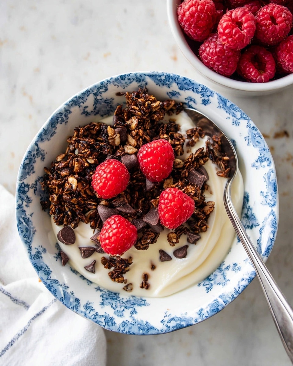 A top view of a white bowl with blue floral edges filled with creamy white yogurt as the base layer, topped with clusters of dark brown granola mixed with small chocolate chips and a few larger chocolate pieces, and five bright red raspberries placed on top of the granola and yogurt. A silver spoon is resting inside the bowl on the right side. In the background, there is a white bowl filled with more bright red raspberries, all set on a white marbled textured surface. photo taken with an iphone --ar 4:5 --v 7