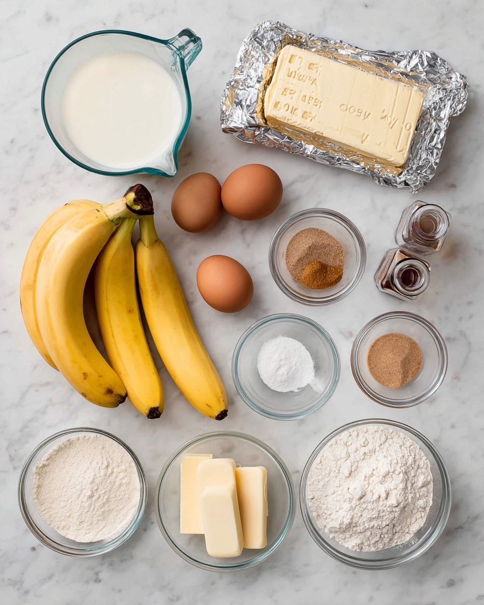 The image shows a top-down view of several ingredients neatly arranged on a white marbled surface. There is a glass measuring cup filled with milk in the top left, next to a block of cream cheese wrapped in foil. Three brown eggs are placed below the milk, and a bunch of three ripe yellow bananas sits in the center. To the right of the bananas, there are small glass bowls with different contents: light brown sugar, plain white sugar, and a small amount of baking soda. Two glass spice jars labeled cinnamon and salt stand next to a small bottle of vanilla extract. At the bottom right, two sticks of salted butter lie side by side, near a clear glass bowl filled with flour, and another glass bowl with powdered sugar is placed further right. photo taken with an iphone --ar 4:5 --v 7