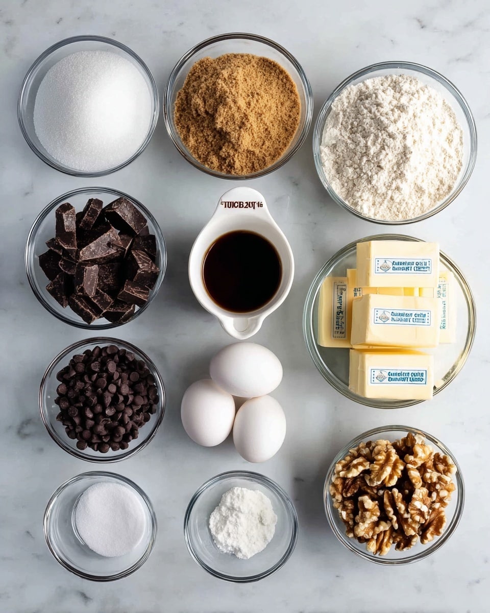 A top view of several small glass bowls and a white measuring cup arranged neatly on a white marbled surface, each holding an ingredient: granulated white sugar in the top left, brown sugar in the center top, white flour on the top right, a white measuring cup filled with dark chocolate chunks on the middle left, a small glass bowl with a dark brown liquid (vanilla extract) in the middle center, two sticks of butter stacked on top of each other in the middle right, a small glass bowl with two whole white eggs on the right middle, a small glass bowl filled with dark chocolate chips at the bottom left, two tiny glass bowls holding white baking soda and salt in the center bottom, and a small glass bowl of walnut halves on the bottom right, all set in a balanced and organized layout photo taken with an iphone --ar 4:5 --v 7