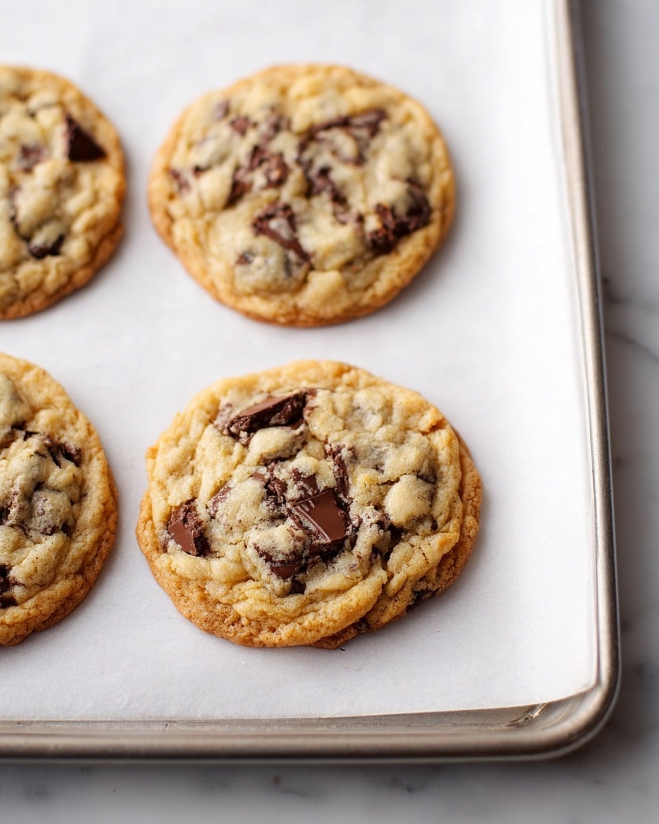A close-up view of four chocolate chip cookies on a baking sheet lined with white parchment paper. Each cookie is round and flat, like one layer, with a golden brown edge and a pale beige center filled with chunks of melted dark brown chocolate. The baking sheet is silver and rests on a white marbled surface. photo taken with an iphone --ar 4:5 --v 7