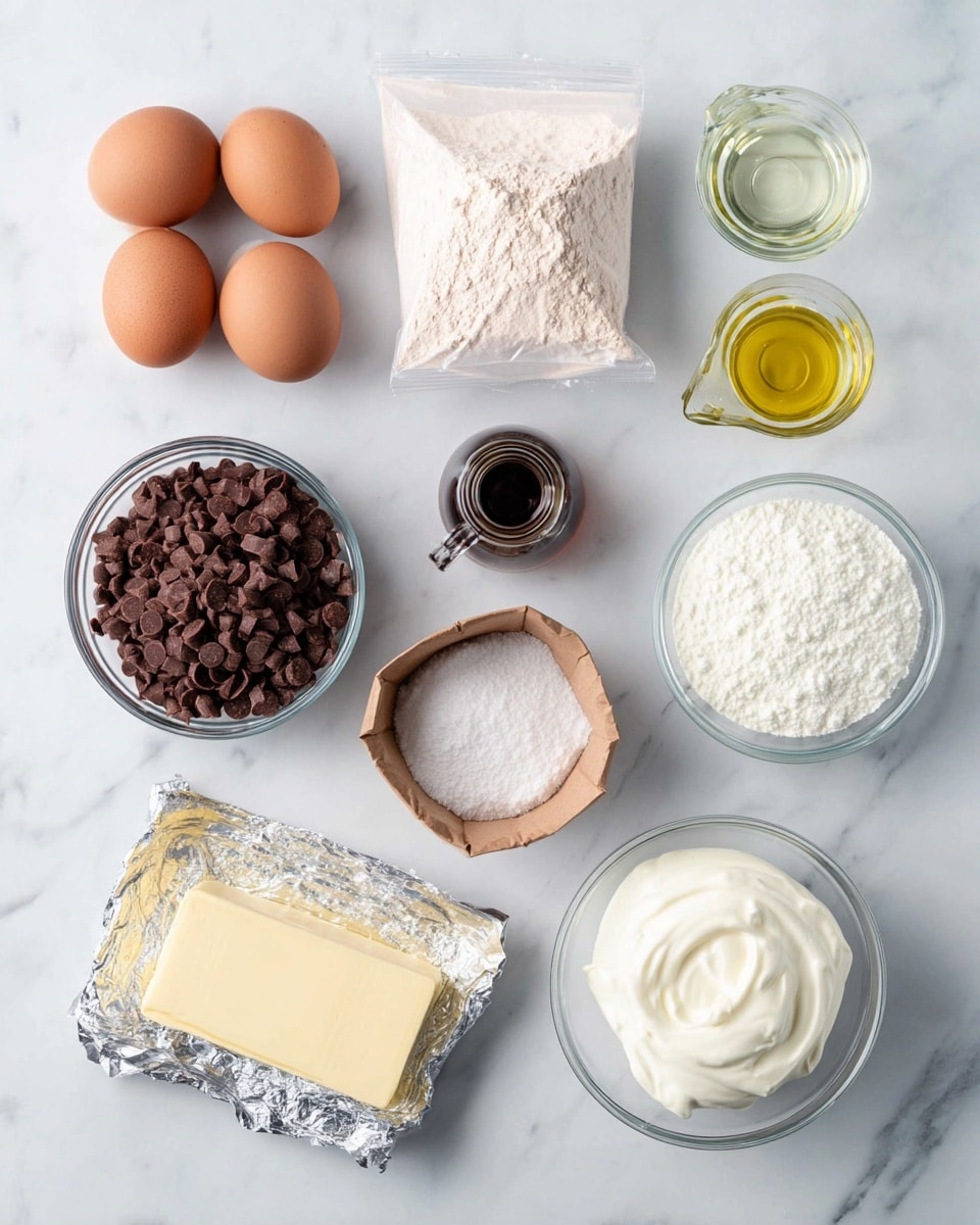 A flat lay of baking ingredients arranged neatly on a white marbled surface, showing four brown eggs in the top left, a clear white bag of cocoa powder next to them, a small bottle of dark vanilla extract below, and a bowl filled with dark brown chocolate chips beneath that. To the right of the cocoa powder are two small glass pitchers, one with clear liquid water and one with light yellow oil, and next to them a stick of salted butter in its wrapper. Below the butter, an open square package of cream cheese wrapped in foil is placed beside a bowl of white powdered sugar, with a smaller brown paper container of cocoa powder sitting between these and the pitchers. In the center near the chocolate chips is a clear bowl with thick white sour cream. The image is clean, bright, and all items are well-spaced for clear visibility. photo taken with an iphone --ar 4:5 --v 7