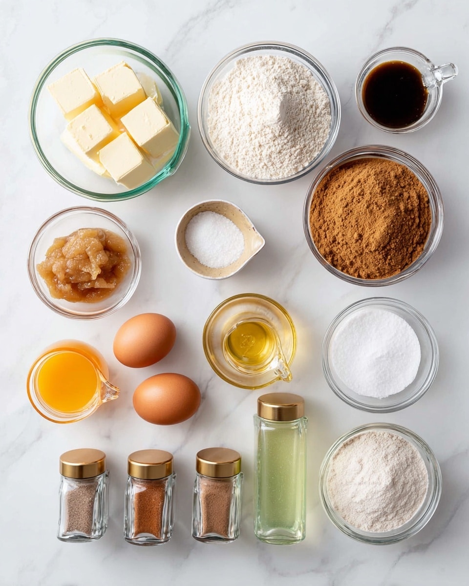 The image shows a flat lay of baking ingredients on a white marbled surface. There is one layer of three brown eggs placed near the center. Surrounding them are small glass bowls and jars holding different ingredients: a bowl with light butter squares, a jar filled with white flour, a bowl of light brown sugar, a bowl of applesauce, a bowl of white granulated sugar, a small glass bowl of baking soda, and a small glass bowl of baking powder. Three glass spice jars with gold lids hold ground nutmeg, salt, and cinnamon arranged in a row. Two small glass pitchers, one with orange liquid and the other with a light yellow oil, also appear. A very small glass container with dark vanilla extract sits near the sugar. The whole image is bright and neatly arranged without any hands or utensils visible. Photo taken with an iphone --ar 4:5 --v 7