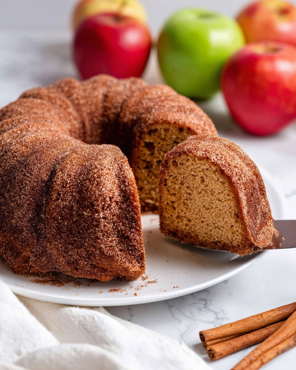 A round bundt cake with a textured dark brown outside layer covered in cinnamon sugar sits on a white plate. One slice is lifted by a spatula, showing the inside which is light brown with a moist, soft crumb texture. The cake has one visible layer inside. In the background, there are red and green apples and cinnamon sticks, all placed on a white marbled surface. A white cloth is partly visible at the bottom edge. Photo taken with an iphone --ar 4:5 --v 7