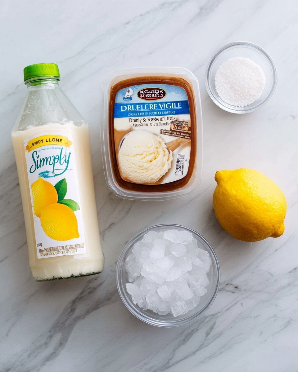 The image shows five items placed on a white marbled surface: on the left, a clear bottle of Simply Lemonade with a green cap and a label featuring a large yellow lemon; in the middle, a rectangular container of Kroger Deluxe Churned Vividly Vanilla ice cream with a brown lid and a label showing a scoop of vanilla ice cream; to the right, a whole bright yellow lemon; below the lemon, a small clear bowl filled with crushed ice; and to the far right, a smaller clear bowl with white granulated sugar. Photo taken with an iphone --ar 4:5 --v 7