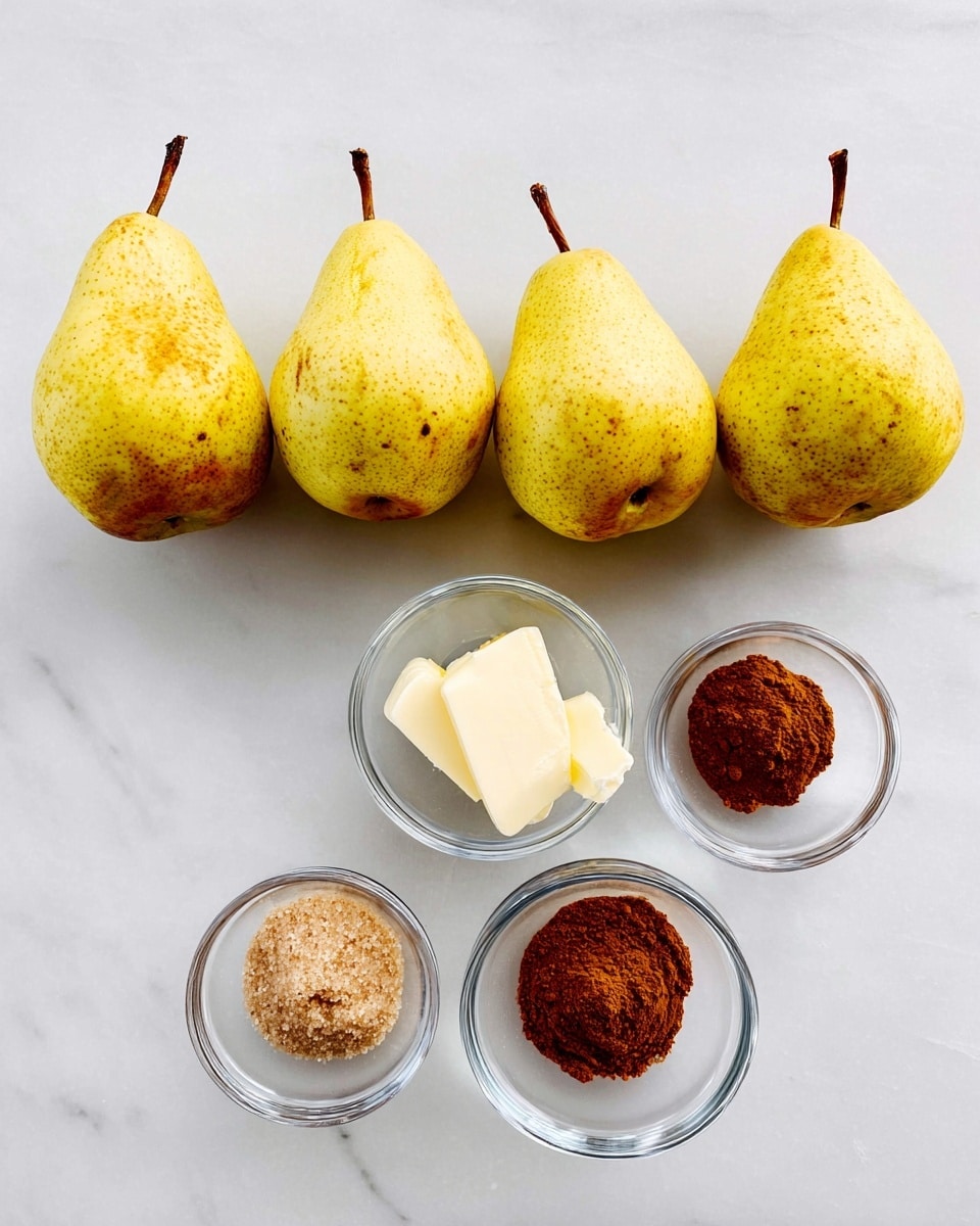 The image shows four yellow pears with small brown spots placed in a straight line at the top. Below the pears, there are three small clear glass bowls arranged in a row. The left bowl contains brown sugar, the middle bowl has a white piece of butter, and the right bowl holds reddish-brown cinnamon powder. All items are placed on a white marbled surface. photo taken with an iphone --ar 4:5 --v 7