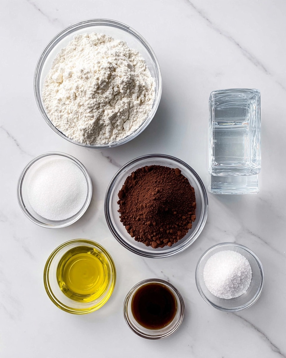 The image shows eight small glass bowls arranged neatly on a white marbled surface. The largest bowl at the top center is filled with white flour, showing a fine powder texture with some small clumps. To its right is a bowl with dark brown cocoa powder, dry and crumbly in appearance. Below the flour bowl, there is a medium bowl filled with white granulated sugar, with a smooth and fine texture. To the left of the sugar bowl is a bowl of golden olive oil, smooth and shiny with a clear liquid consistency. In the center, a small bowl contains a dark brown vanilla liquid. Below the cocoa powder are two small bowls, one containing white baking soda powder and the other white salt, both finely powdered. To the far right is a tall glass of clear water, almost full and transparent. The clean and simple arrangement emphasizes different baking ingredients laid out before use. photo taken with an iphone --ar 4:5 --v 7