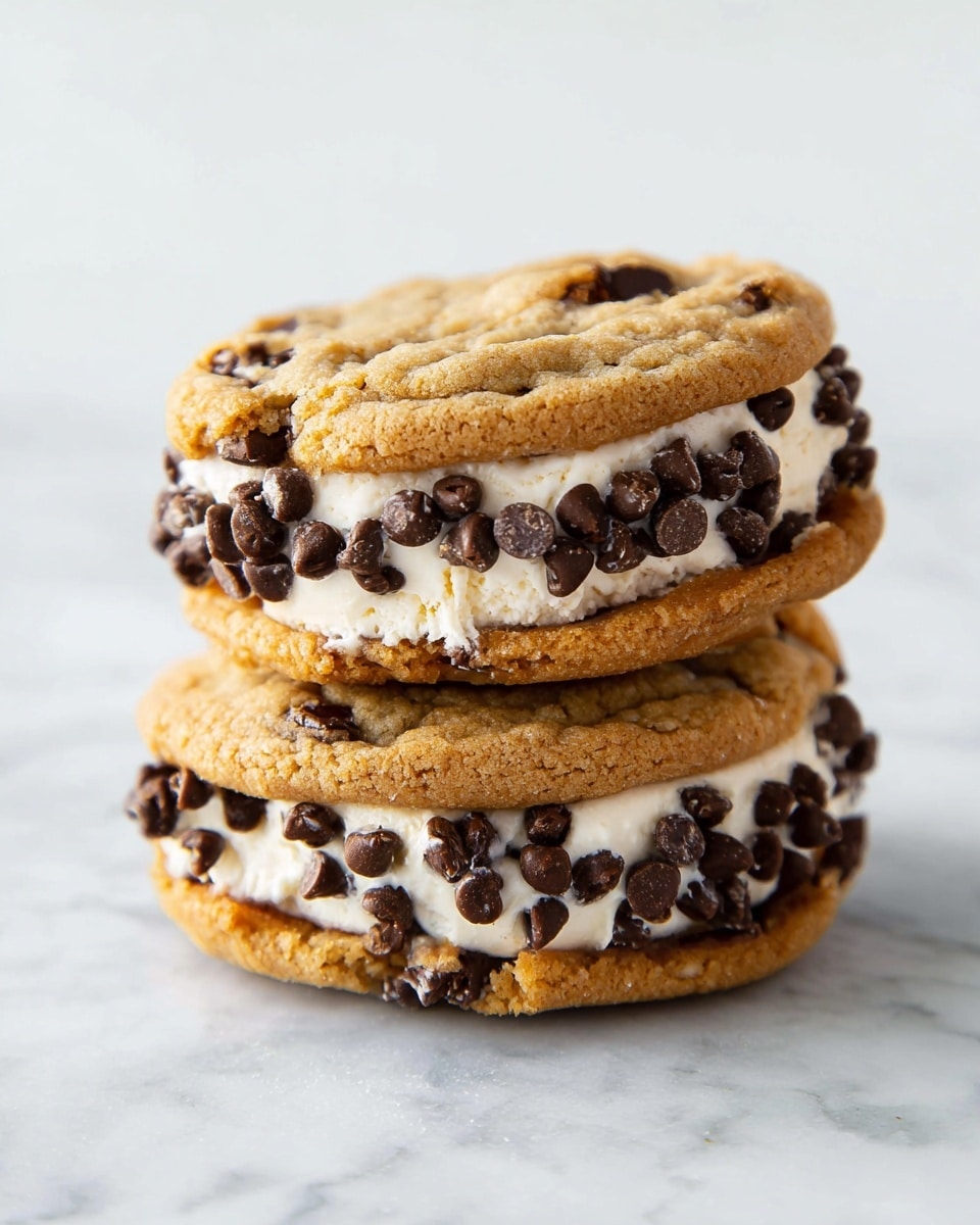 Two cookie sandwiches are stacked on a white marbled surface, each sandwich made of two thick, golden-brown chocolate chip cookies with a layer of creamy white ice cream in the middle. The ice cream layer is studded with small, dark chocolate chips that stick to the edges, creating a textured border around each sandwich. The cookies have a soft, slightly rough surface with visible chocolate chunks inside. The image is bright with a clean white background, focusing closely on the rich texture of the cookies and the contrast of the dark chips against the pale ice cream photo taken with an iphone --ar 4:5 --v 7