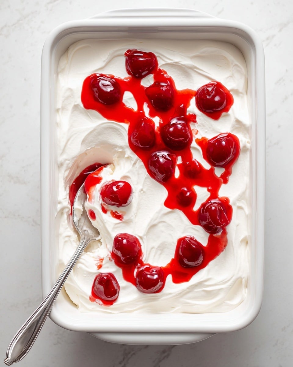 A white rectangular dish filled with a thick, smooth white cream layer spread evenly across the surface. On top, there are several blobs of bright red cherry topping with shiny whole cherries inside, scattered randomly over the white cream. A silver spoon rests inside the dish at the bottom left corner, touching the cream and cherry topping. The dish is placed on a white marbled surface. photo taken with an iphone --ar 4:5 --v 7