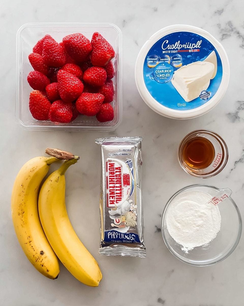 The image shows six ingredients neatly arranged on a white marbled surface: a clear plastic container filled with bright red strawberries on the top left, two yellow bananas with some brown spots placed below the strawberries, a round white container of Cool Whip Original with a blue lid centered at the top, a rectangular silver package of Philadelphia cream cheese centered at the bottom, a clear measuring cup filled with white powder placed on the right side near the cream cheese, and a small clear glass cup with a brown liquid located at the top right corner photo taken with an iphone --ar 4:5 --v 7