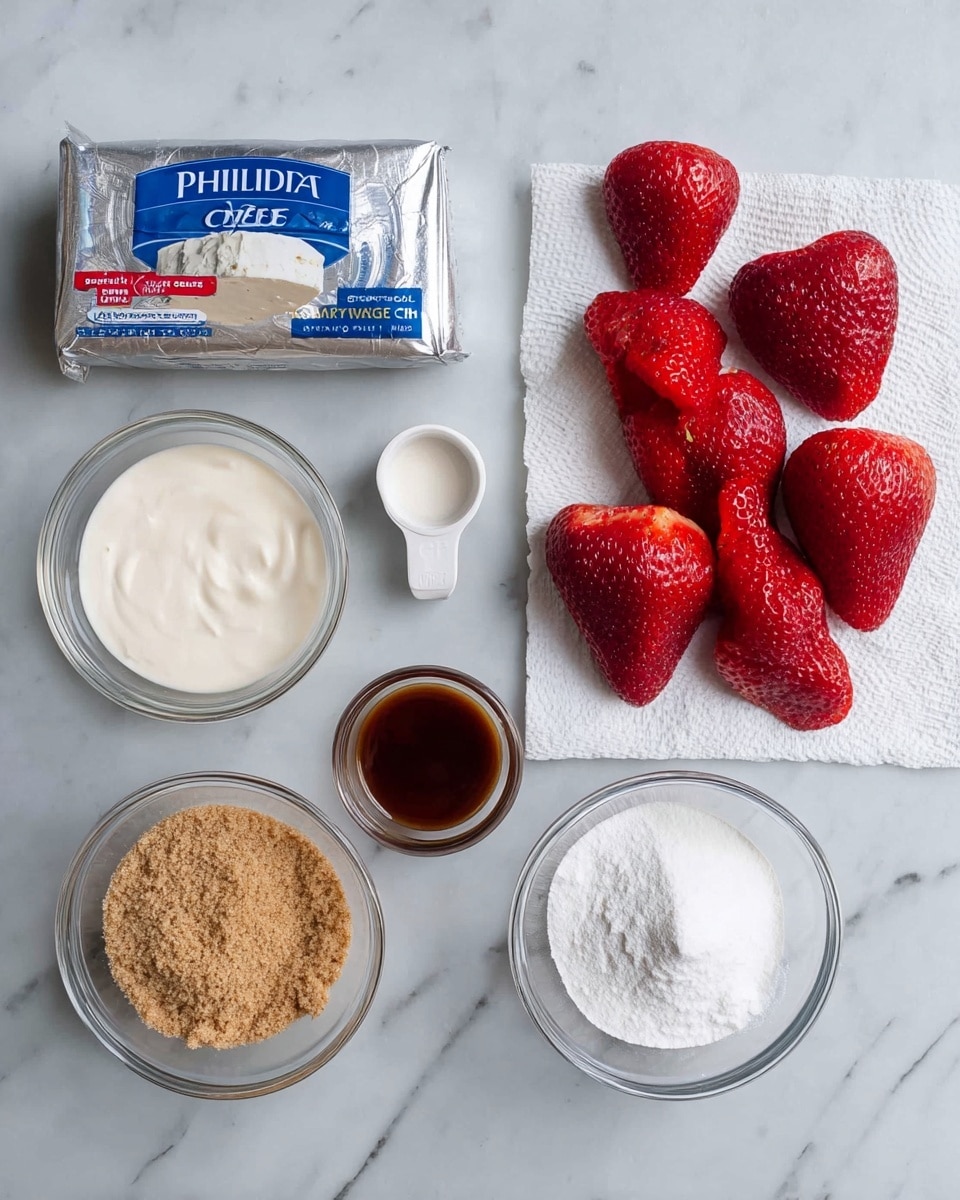 The image shows six small clear glass bowls and a measuring cup arranged on a white marbled surface. At the top center is a silver package of Philadelphia original cream cheese with blue text. To the right side, there are fifteen hollowed red strawberries placed on a white paper towel. On the left side in two columns from top to bottom, there is a bowl with white creamy liquid, a bowl with dark brown vanilla extract, a bowl with light brown crushed graham crackers, and a white measuring cup filled with white powdered sugar. All the items are neatly spaced and well-lit. photo taken with an iphone --ar 4:5 --v 7