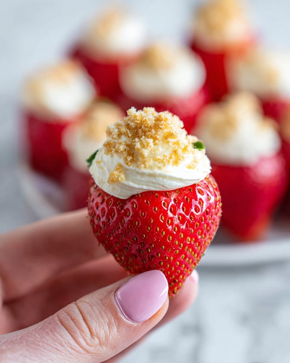 A close-up image shows a bright red strawberry held by a woman's hand with light pink painted nails. The strawberry is hollowed at the top and filled with a smooth, white cream layer, topped with a crumbly light beige sprinkle. In the background, more strawberries filled with the same cream and topping are softly blurred on a white marbled surface. The focus is sharp on the front strawberry, showing its shiny, textured skin and creamy filling. photo taken with an iphone --ar 4:5 --v 7