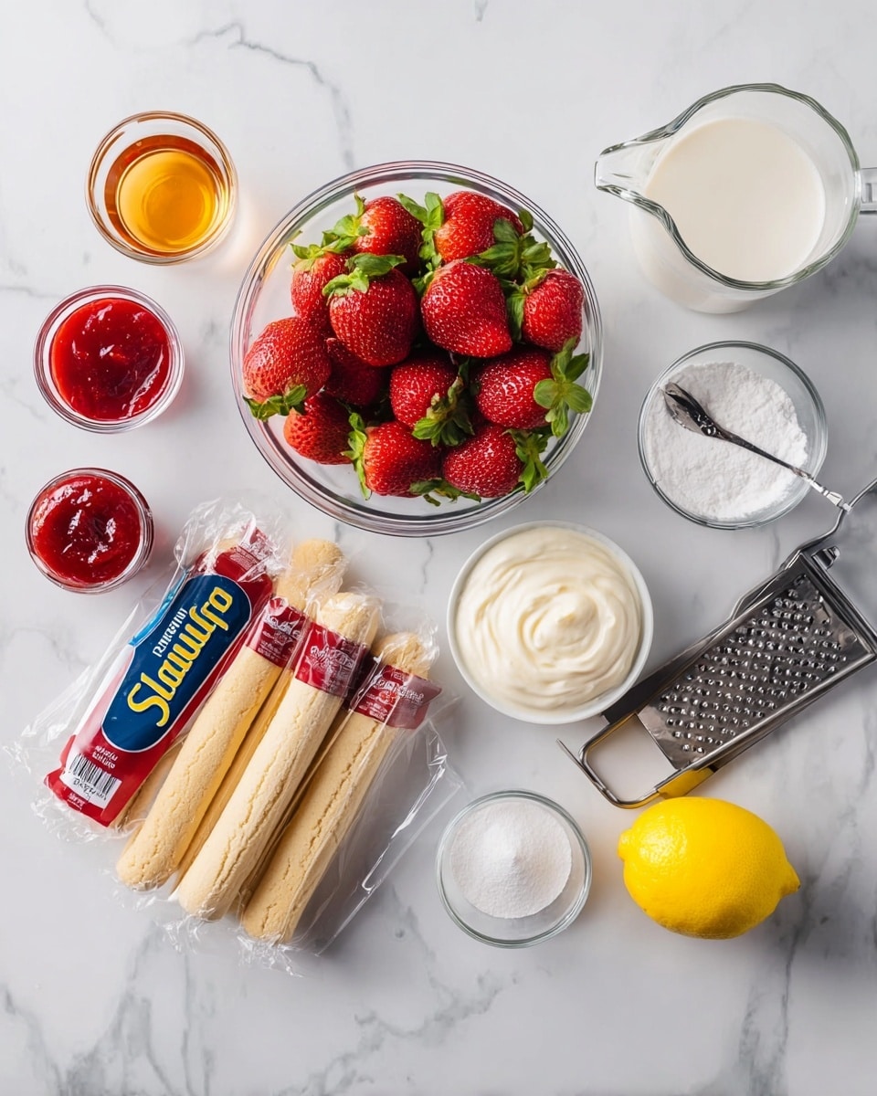 A flat lay of ingredients on a white marbled surface showing a clear bowl full of fresh red strawberries with green leaves in the center, a wrapped pack of beige ladyfingers with blue and red packaging below it, a white bowl with smooth white cream to the right, a glass measuring cup with white milk above it, a small clear bowl with white sugar, and another small clear bowl with red jam on the left. There is a small glass with amber liquid, a small glass with pale yellow liquid, a clear glass bowl with water, a whole bright yellow lemon, and a metal grater with lemon zest on it on the right side. Photo taken with an iphone --ar 4:5 --v 7
