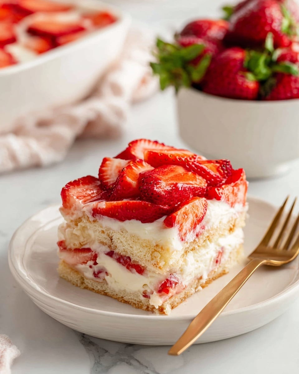 A square piece of dessert with three main layers sits on a white plate with soft curves. The bottom and middle layers are light tan, sponge-like cake soaked with cream, visible through soft, creamy white filling layers that have bits of red strawberries in them. The top layer is thick cream covered with many fresh, bright red strawberry slices arranged in a loose pile. A woman's hand holding a gold-colored fork rests behind the dessert on the plate. In the background, a white bowl filled with whole fresh strawberries sits on a white marbled surface. photo taken with an iphone --ar 4:5 --v 7