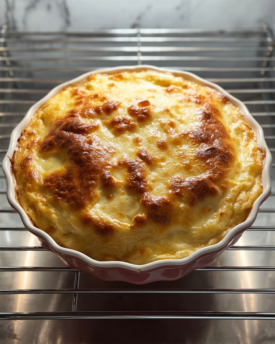 A bubbling, golden cheese layer covers the top of a casserole in a white scalloped ceramic dish. The cheese is melted and browned unevenly with patches of light yellow and deeper golden brown, showing slight texture bumps across the surface. The dish sits on an oven rack inside, with soft light reflecting off its shiny, smooth surface. The background is a white marbled texture, making the dish stand out clearly. photo taken with an iphone --ar 4:5 --v 7