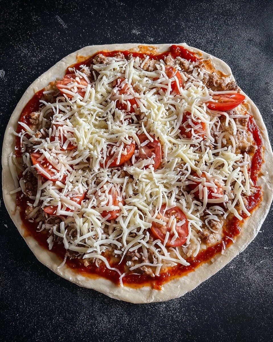 A round pizza with a thick, light beige dough base lying flat on a black surface, topped evenly with a layer of bright red tomato sauce. On top of the sauce are scattered slices of red tomato and small chunks of light brown meat spread across the pizza. The final layer is a generous spread of shredded white cheese, covering the toppings but still allowing some red and brown to show through. Photo taken with an iphone --ar 4:5 --v 7