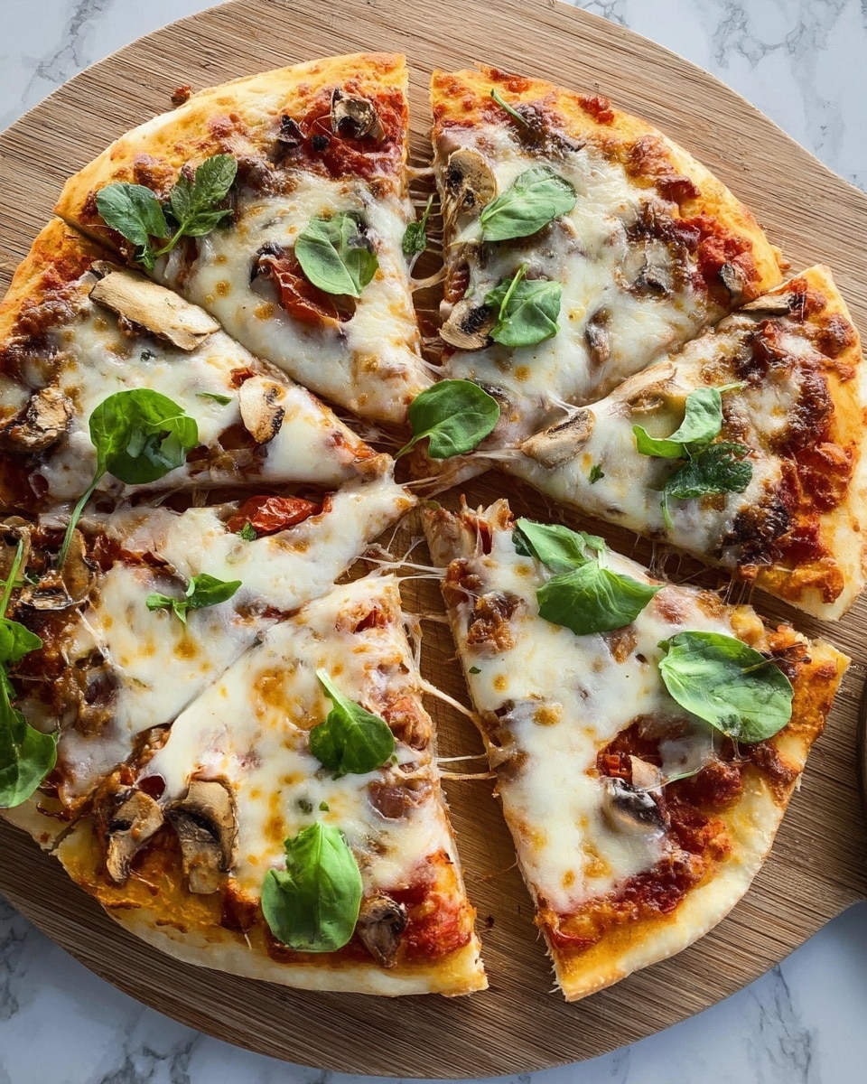 A round pizza with a light golden crust on a wooden board. It is cut into five slices, with one slice slightly pulled away showing soft, melted white cheese stretching between the pieces. The pizza has a base layer of red tomato sauce, topped with melted white cheese and browned bits of mushroom or meat. There are slices of red tomato peeking through under the cheese. Bright green fresh leaves are scattered on top and around the pizza, adding a fresh touch. The background is a white marbled surface. photo taken with an iphone --ar 4:5 --v 7