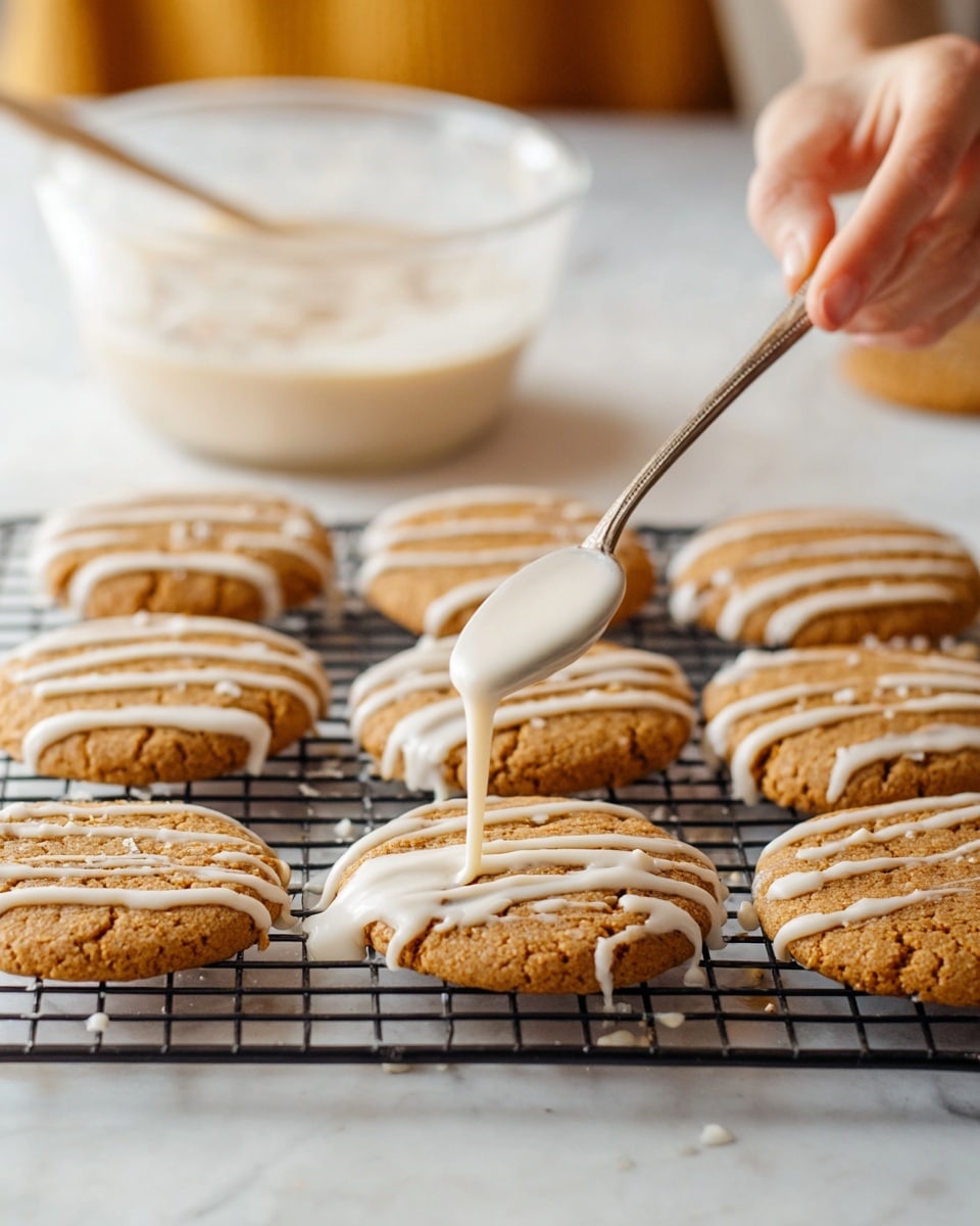 The image shows eight round light brown cookies laid out in two rows on a cooling rack above a white marbled surface. Six of the cookies are in the front and two behind them. A woman's hand holding a spoon is drizzling white icing in thin lines over three cookies in the front center, with some icing dripping down the sides. Behind the cooling rack, there is a clear glass bowl containing more of the same icing. The scene has a soft, natural light that highlights the texture of the cookies and the smooth, creamy icing photo taken with an iphone --ar 4:5 --v 7