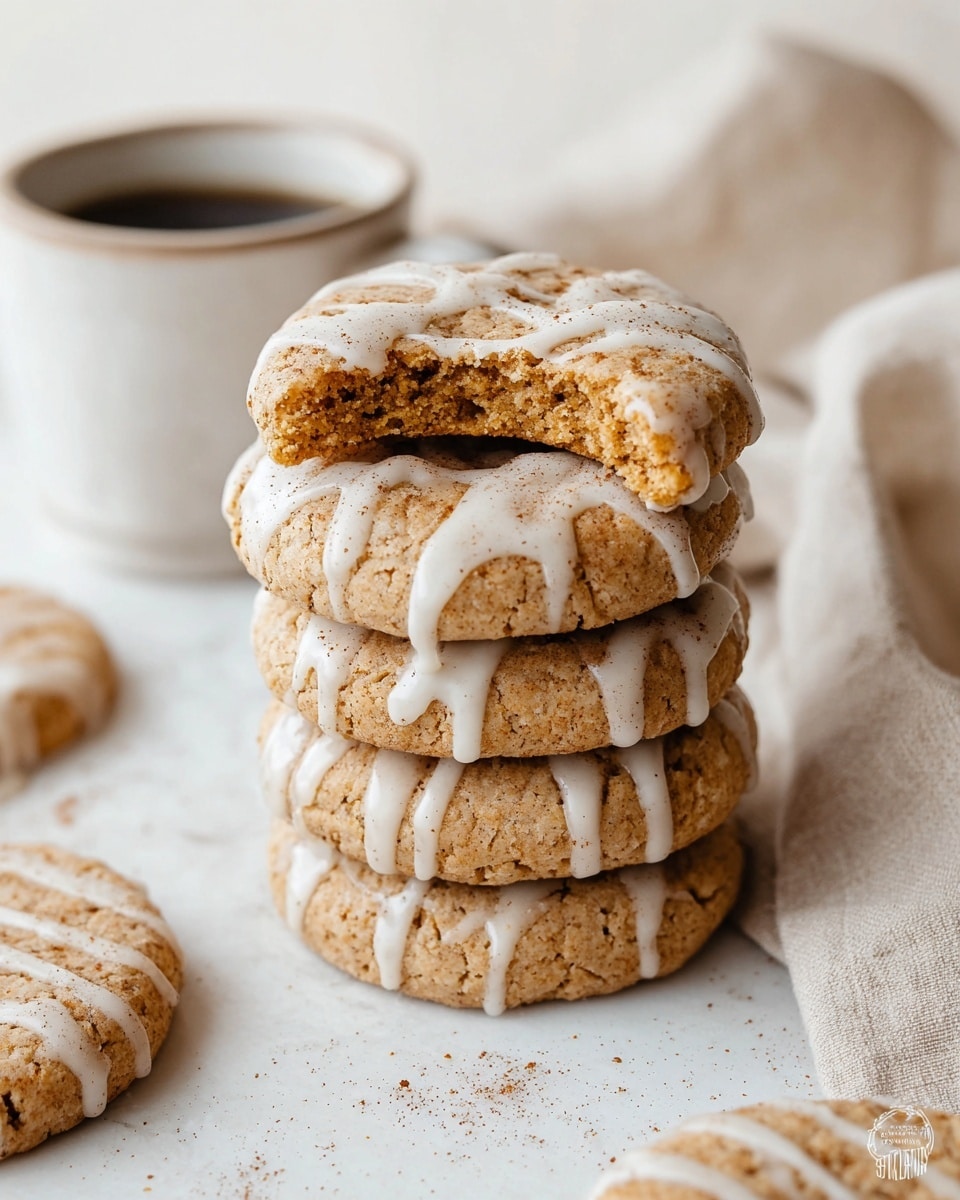 A stack of five round cookies sits on a white marbled surface, each cookie light brown with visible texture and slightly cracked tops. The cookies have a light white glaze drizzled over them, dripping down the sides in thin, uneven lines. The top cookie has a bite taken out of it, showing a soft, crumbly inside. Light brown powder, likely cinnamon, is sprinkled on top of the glaze and the surface. In the background, there is a white ceramic cup filled with dark coffee, and a soft beige cloth is loosely placed beside the cookies. Photo taken with an iphone --ar 4:5 --v 7