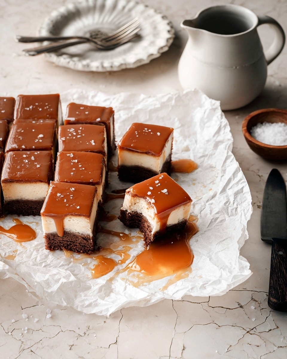 A group of nine square dessert pieces sits on crumpled white parchment paper over a white marbled surface. Each piece has two layers: a dark brown bottom layer with a rough texture and a smooth, light beige top layer covered by a thin, shiny caramel glaze with small salt sprinkles. One piece is set slightly apart, showing a bite taken from it, revealing the soft inside. Caramel sauce is spread unevenly around the dessert pieces, with drips and puddles on the paper. In the background, a white ceramic jug sits on a white scalloped plate, with two silver forks resting on the plate. A small wooden bowl with coarse white salt is near the jug, and a black-handled knife is placed to the right partially out of frame. Photo taken with an iphone --ar 4:5 --v 7