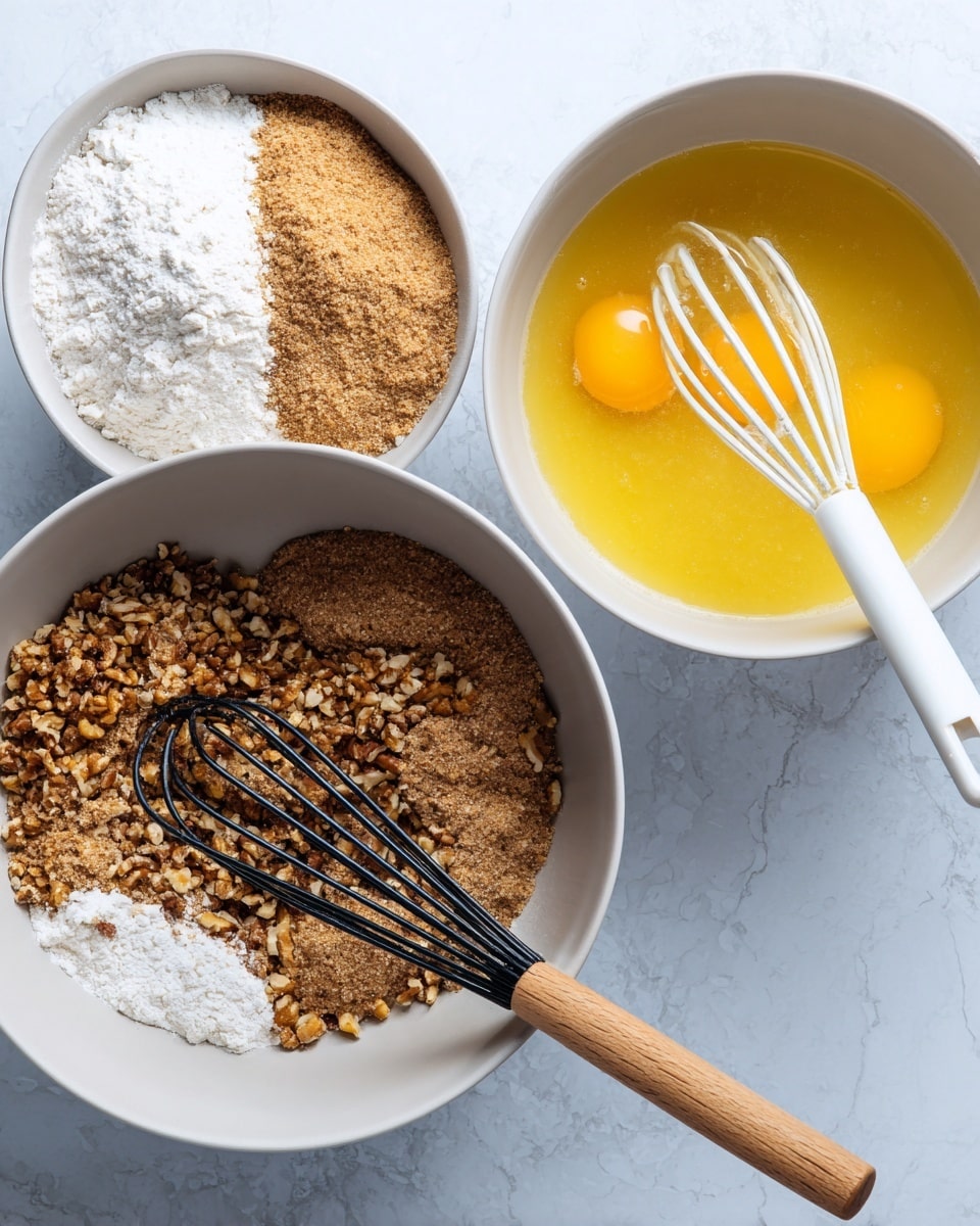 In the image, there are two white bowls on a white marbled surface. The bowl on the left has four layers: white flour in the top left, light brown sugar in the top right, darker brown sugar in the bottom right, and chopped nuts in the bottom left. A black whisk with a wooden handle rests on these ingredients. The bowl on the right shows a yellow liquid mixture with two visible eggs, and a white whisk with a white handle stands inside it. Photo taken with an iphone --ar 4:5 --v 7
