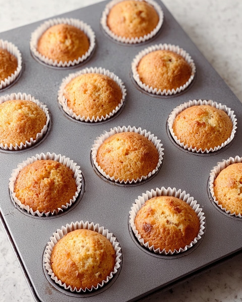 A tray with twelve small muffins inside white paper liners sits on a white marbled surface. Each muffin has a light golden-brown color with slightly rough tops and visible tiny darker brown spots scattered on the surface. The muffins are evenly spaced in a gray metal baking tray with round cavity wells. The overall look is warm and fresh, showing a simple bakery style. Photo taken with an iphone --ar 4:5 --v 7