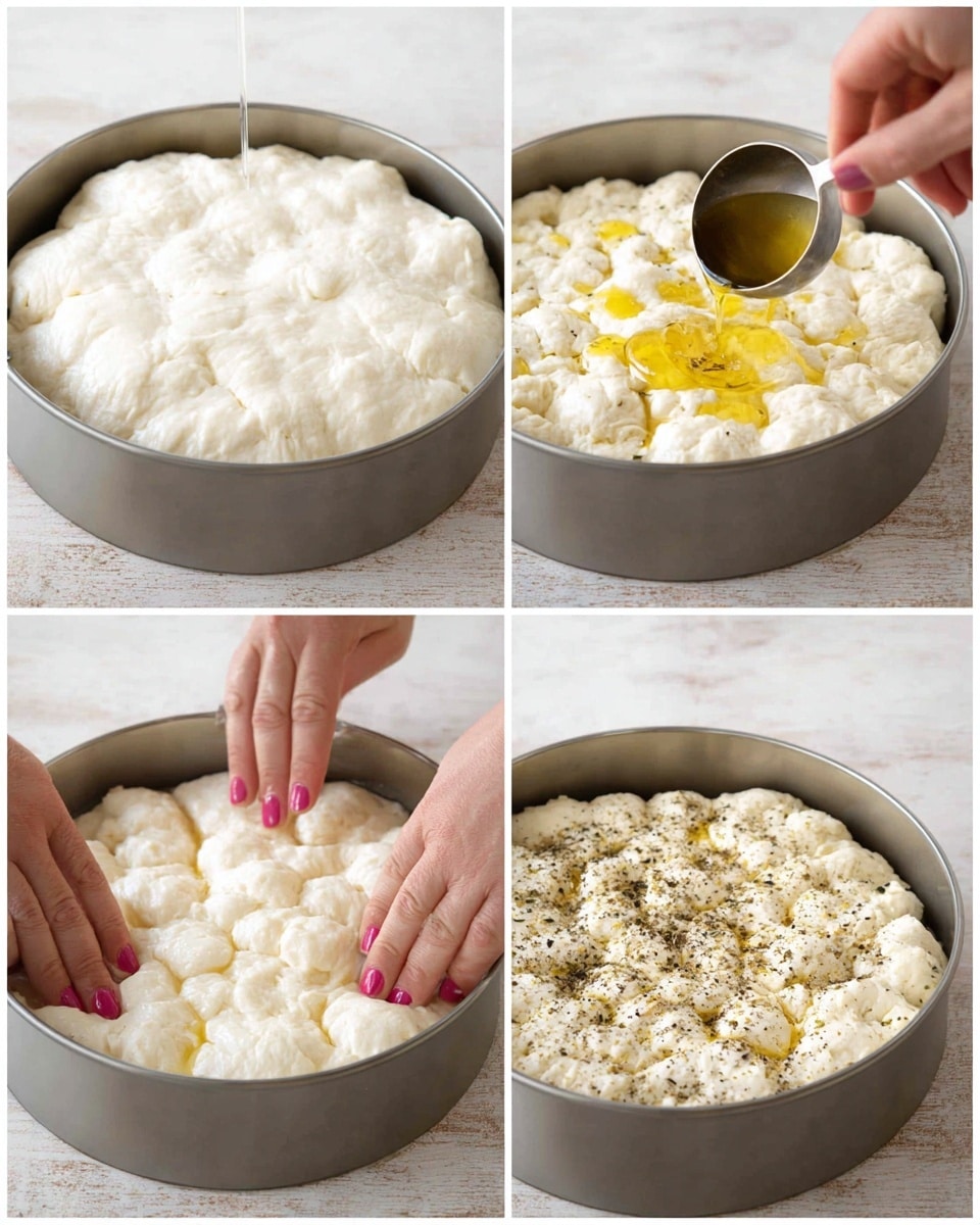 The four-panel image shows the process of preparing a dough in a round metal pan placed on a white marbled surface. The first panel displays a smooth, puffy, white dough filling the pan almost to the top. The second panel shows a woman's hand with pink nails pouring golden olive oil from a metal measuring spoon over the dough. The third panel captures two hands pressing down firmly on the bubbly, textured dough, creating dimples. The final panel reveals the dough with a bubbled surface, coated with olive oil and sprinkled evenly with black pepper and dried herbs. photo taken with an iphone --ar 4:5 --v 7
