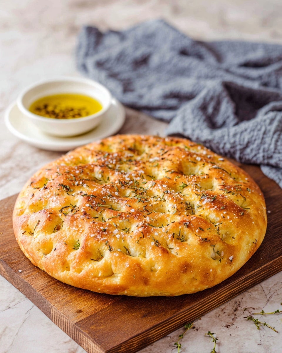 A round, golden brown focaccia bread sits on a wooden board with a bubbly, uneven top layered with coarse salt and scattered green herbs. Behind it, there is a small white bowl filled with golden olive oil, sprinkled with black seasoning, and placed on a matching white saucer. A soft grey-blue cloth with a textured pattern is casually folded in the background, all set on a white marbled surface. photo taken with an iphone --ar 4:5 --v 7