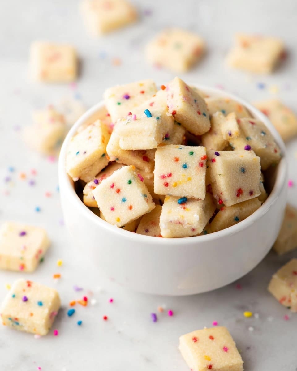 A white ceramic cup is filled with many small square pieces of light beige treat, each sprinkled with colorful tiny dots in red, blue, green, yellow, and purple. The cup sits on a white marbled surface with more of these small squares scattered around it, showing their soft, slightly crumbly texture. The colorful sprinkles create a playful contrast against the pale base of each square, making the whole image bright and inviting. photo taken with an iphone --ar 4:5 --v 7