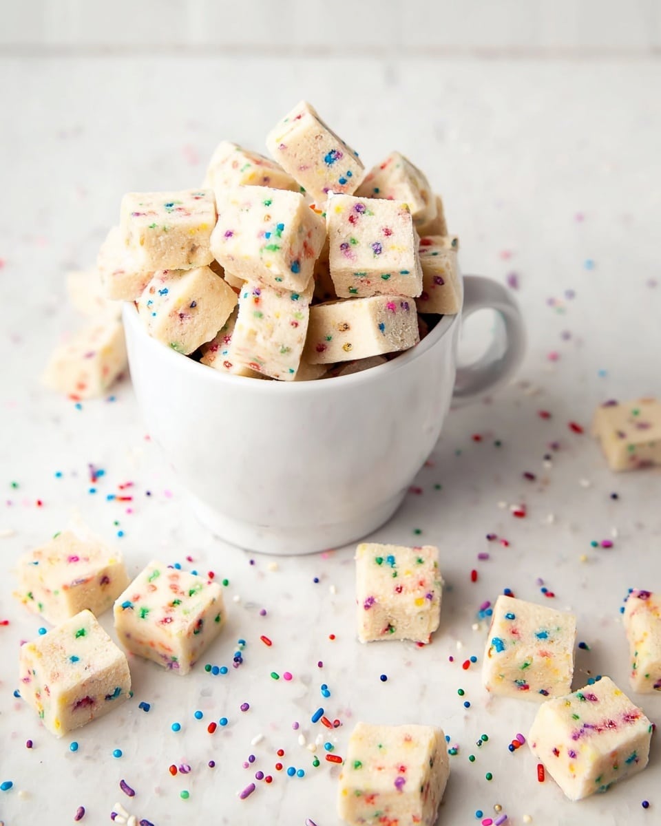 A white bowl is full to the top with small, square cookie pieces that are light beige in color. Each cookie square has tiny colorful sprinkles in shades of red, blue, green, purple, and yellow scattered evenly inside the dough, giving them a fun and vibrant look. Some cookie pieces are placed randomly around the bowl on a white marbled surface, showing their small size and making the scene lively. The texture of the cookies looks soft but firm, with smooth edges and a slightly rough baked surface. photo taken with an iphone --ar 4:5 --v 7