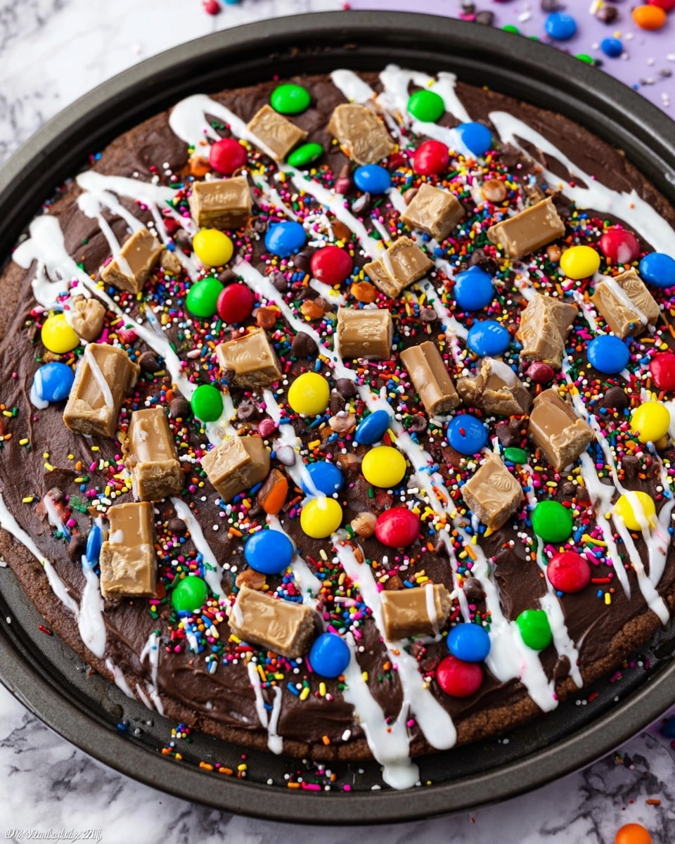 A round chocolate pizza with a thick dark brown crust forms the base layer. On top is a smooth, even layer of rich chocolate spread. Scattered across the surface are colorful candy-coated chocolates in red, blue, green, yellow, and orange, along with chunks of light brown candy bars with visible caramel inside. Small round multicolored sprinkles cover the whole pizza, adding a bright texture. White icing is drizzled over the top in uneven thin lines, creating a nice contrast against the dark chocolate. The pizza rests on a dark pizza pan, all set on a white marbled surface. photo taken with an iphone --ar 4:5 --v 7