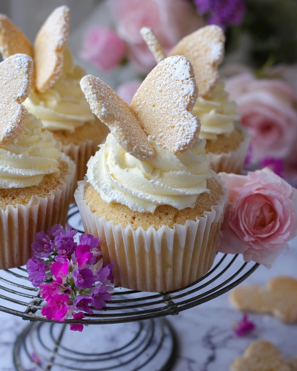 The image shows a group of light golden cupcakes in white paper liners, each topped with a swirl of soft white cream frosting. Two thin, curved, pale yellow cookies dusted with white powdered sugar are placed upright on the frosting of each cupcake, resembling butterfly wings. The cupcakes sit on a black metal stand against a white marbled surface. Around the stand, there are clusters of small purple and bright pink flowers, with a large soft pink rose resting nearby. The overall look is delicate and elegant, with soft textures and pastel colors. photo taken with an iphone --ar 4:5 --v 7